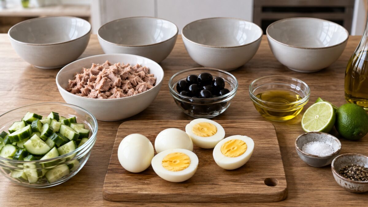 Thunfisch-Ei-Bowl mit Gurke und Oliven
