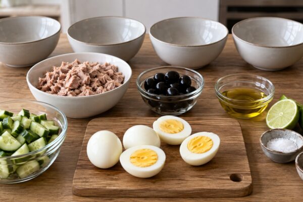 Thunfisch-Ei-Bowl mit Gurke und Oliven