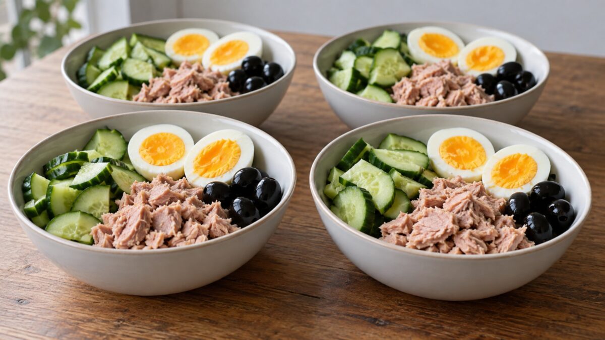 Thunfisch-Ei-Bowl mit Gurke und Oliven