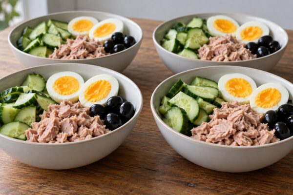 Thunfisch-Ei-Bowl mit Gurke und Oliven