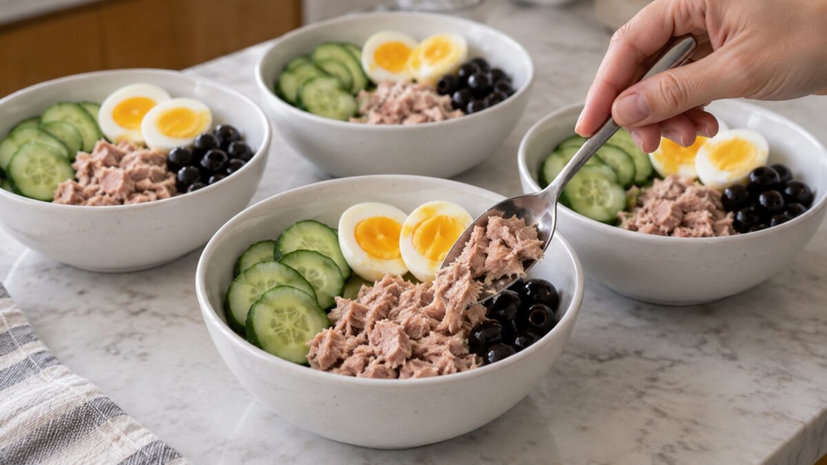 Thunfisch-Ei-Bowl mit Gurke und Oliven