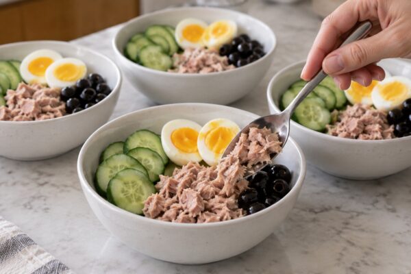 Thunfisch-Ei-Bowl mit Gurke und Oliven