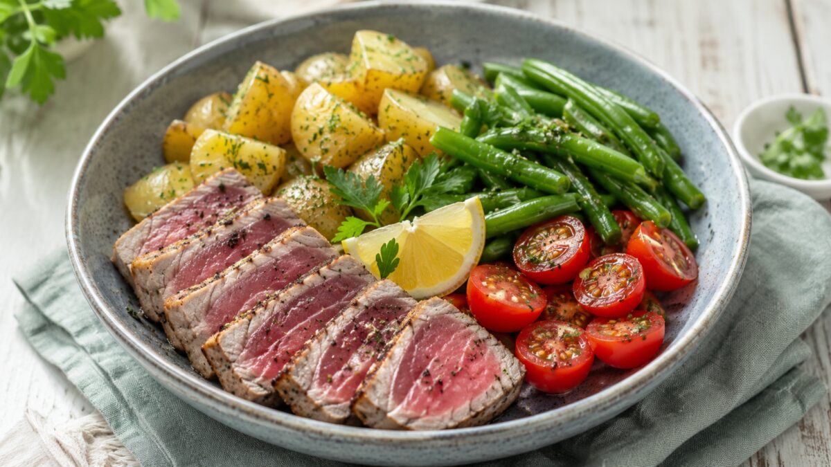 Hauptansicht des fertigen Gerichts: Echte Bowl mit klar getrennten Segmenten aus Thunfischsteak, Kartoffeln und grüne Bohnen und Tomaten; Zutaten erst beim Essen mischbar und optisch deutlich voneinander abgegrenzt. Das gesamte Gericht zentral und 4:3-cr…