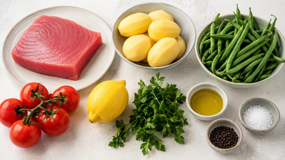 Übersicht aller Zutaten für „Thunfisch-Kartoffel-Bowl mit grünen Bohnen“ auf heller Arbeitsfläche, sauber gruppiert, ohne Verpackungsschrift und ohne fertiges Gericht.