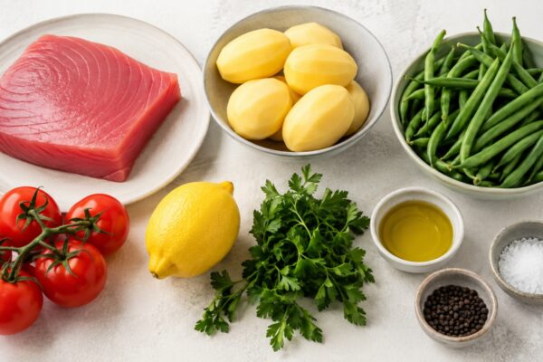 Übersicht aller Zutaten für „Thunfisch-Kartoffel-Bowl mit grünen Bohnen“ auf heller Arbeitsfläche, sauber gruppiert, ohne Verpackungsschrift und ohne fertiges Gericht.