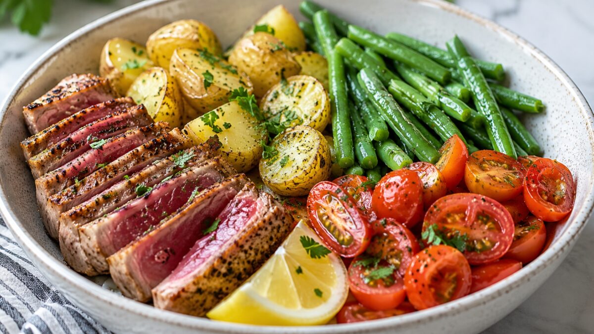Alternative Perspektive des fertigen Gerichts: Echte Bowl mit klar getrennten Segmenten aus Thunfischsteak, Kartoffeln und grüne Bohnen und Tomaten; Zutaten erst beim Essen mischbar und optisch deutlich voneinander abgegrenzt. Etwas näher aufgenommen, na…
