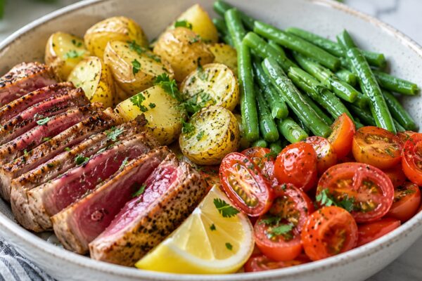 Alternative Perspektive des fertigen Gerichts: Echte Bowl mit klar getrennten Segmenten aus Thunfischsteak, Kartoffeln und grüne Bohnen und Tomaten; Zutaten erst beim Essen mischbar und optisch deutlich voneinander abgegrenzt. Etwas näher aufgenommen, na…