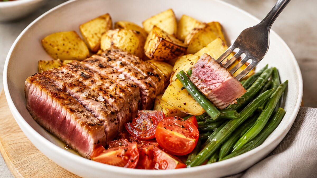 Lebendige Servierszene für „Thunfisch-Kartoffel-Bowl mit grünen Bohnen“: eine Gabel oder ein Besteckteil nimmt gerade eine Portion auf; Thunfischsteak, Kartoffeln und grüne Bohnen und Tomaten bleiben trotzdem klar erkennbar.