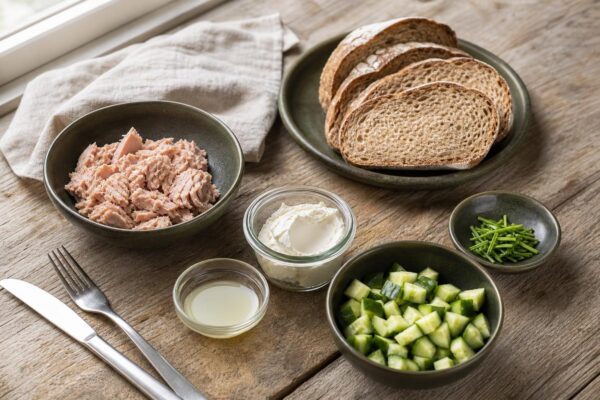 Zutaten- und Vorbereitungsansicht. Rezept: Thunfischcreme mit Gurke und Kräutern