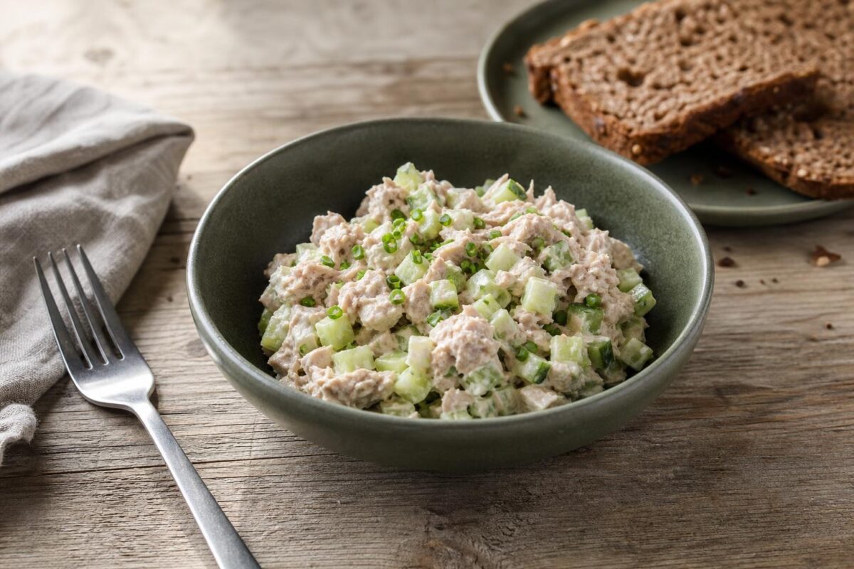 Fertiges Gericht aus einer alternativen Perspektive. Rezept: Thunfischcreme mit Gurke und Kräutern