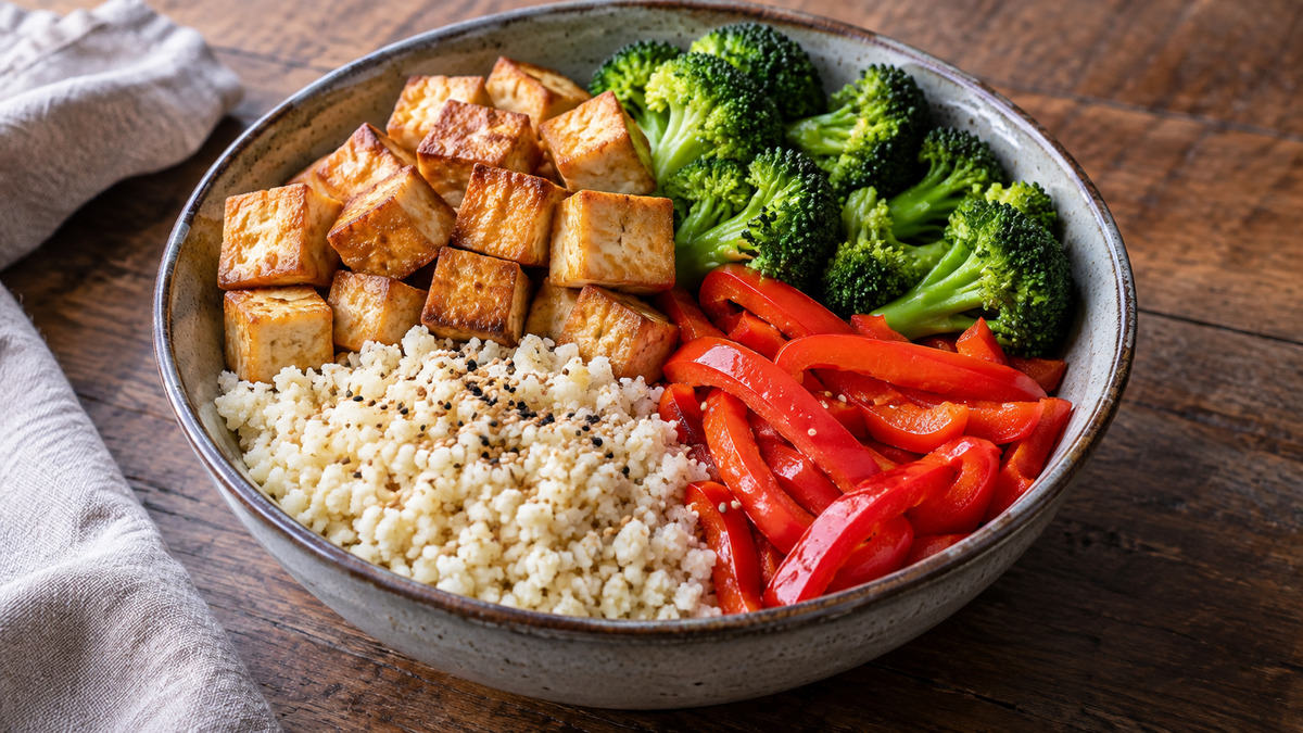 Tofu-Brokkoli-Bowl mit Sesam-Blumenkohlreis
