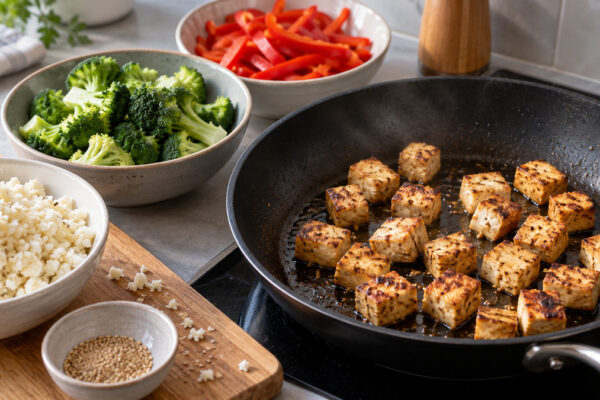 Tofu-Brokkoli-Bowl mit Sesam-Blumenkohlreis