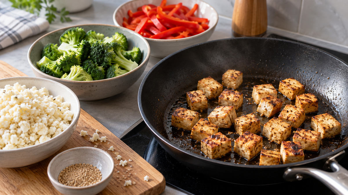 Tofu-Brokkoli-Bowl mit Sesam-Blumenkohlreis