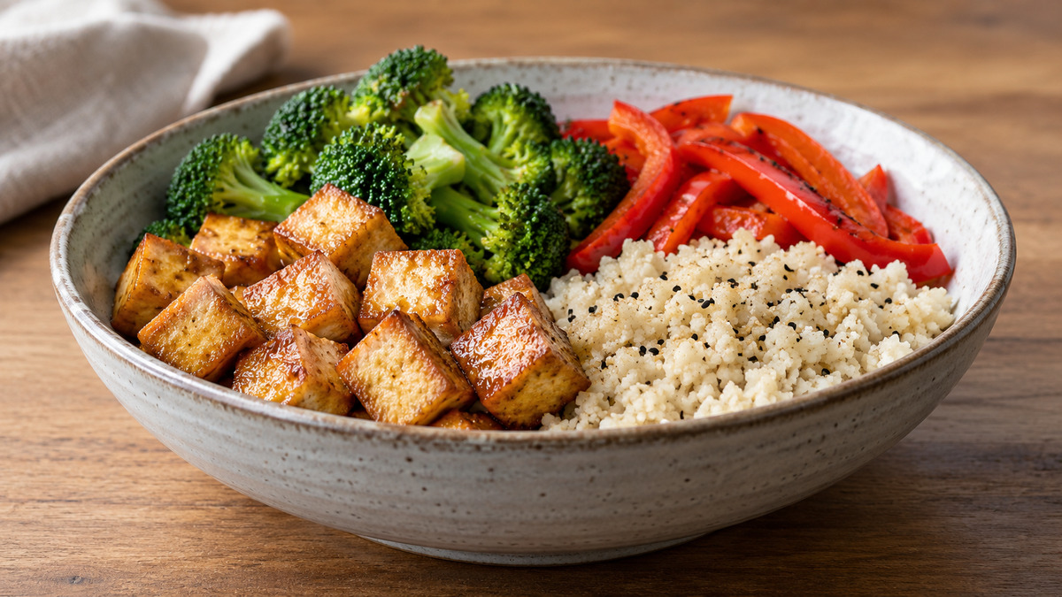 Tofu-Brokkoli-Bowl mit Sesam-Blumenkohlreis