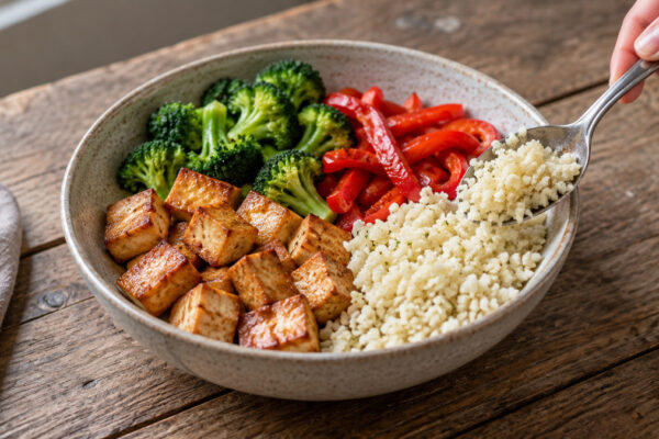 Tofu-Brokkoli-Bowl mit Sesam-Blumenkohlreis