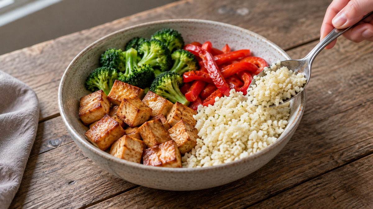 Tofu-Brokkoli-Bowl mit Sesam-Blumenkohlreis