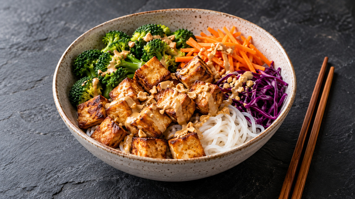 Tofu-Erdnuss-Bowl mit Reisnudeln