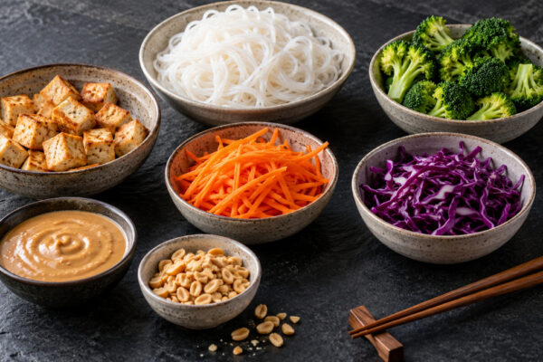 Tofu-Erdnuss-Bowl mit Reisnudeln