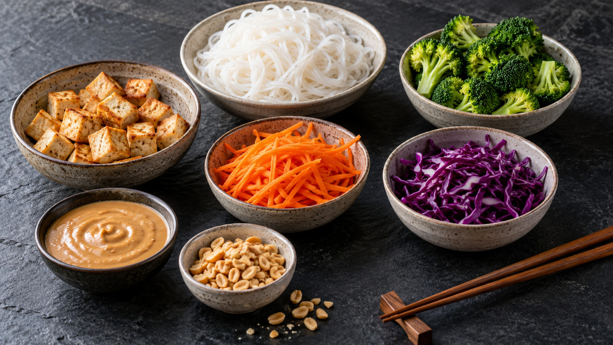 Tofu-Erdnuss-Bowl mit Reisnudeln