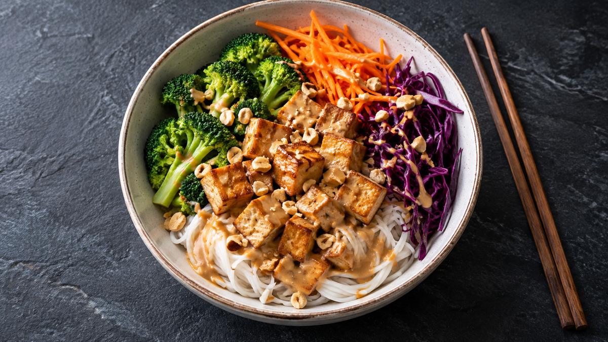 Tofu-Erdnuss-Bowl mit Reisnudeln