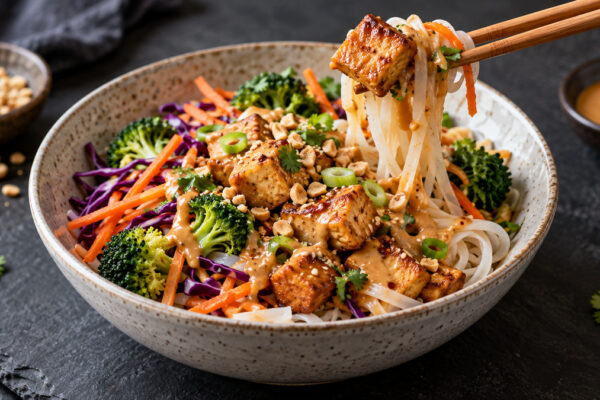Tofu-Erdnuss-Bowl mit Reisnudeln
