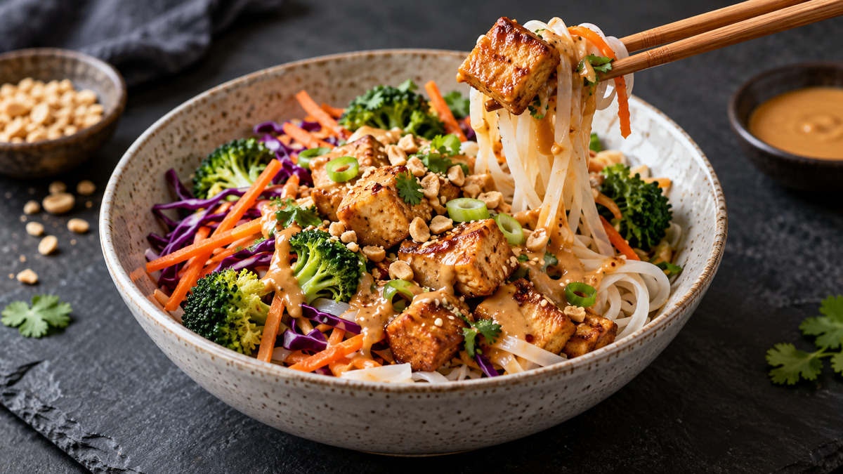 Tofu-Erdnuss-Bowl mit Reisnudeln