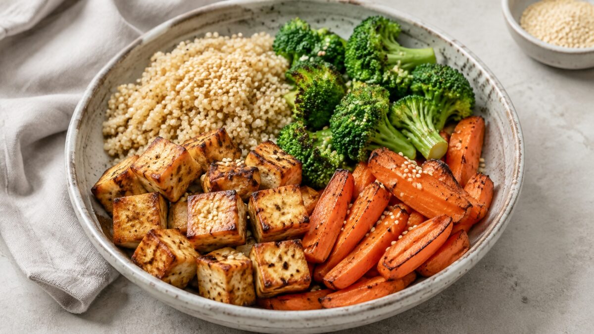 Hauptansicht des fertigen Gerichts: Echte Bowl mit klar getrennten Segmenten aus Naturtofu, Quinoa und Brokkoli und Möhren; Zutaten erst beim Essen mischbar und optisch deutlich voneinander abgegrenzt. Das gesamte Gericht zentral und 4:3-crop-sicher inne…