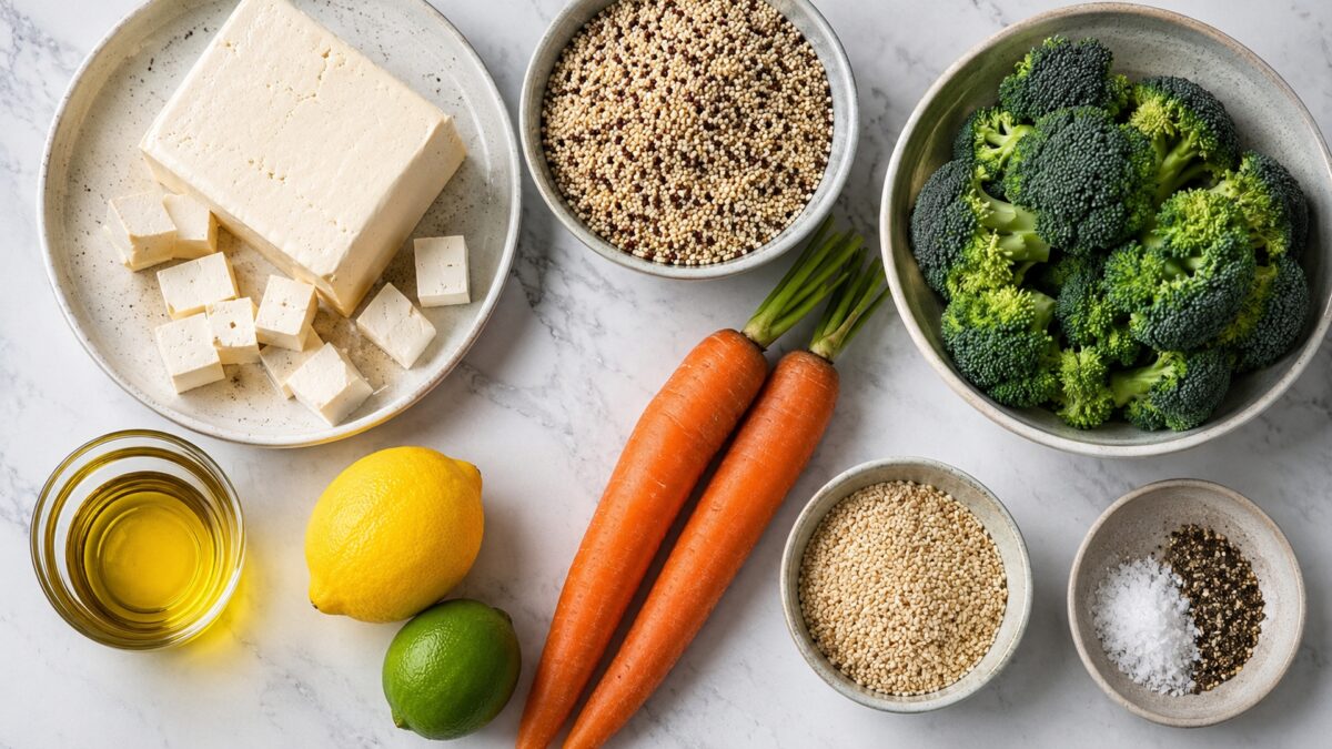 Übersicht aller Zutaten für „Tofu-Quinoa-Bowl mit Brokkoli und Sesam“ auf heller Arbeitsfläche, sauber gruppiert, ohne Verpackungsschrift und ohne fertiges Gericht.