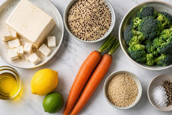 Übersicht aller Zutaten für „Tofu-Quinoa-Bowl mit Brokkoli und Sesam“ auf heller Arbeitsfläche, sauber gruppiert, ohne Verpackungsschrift und ohne fertiges Gericht.