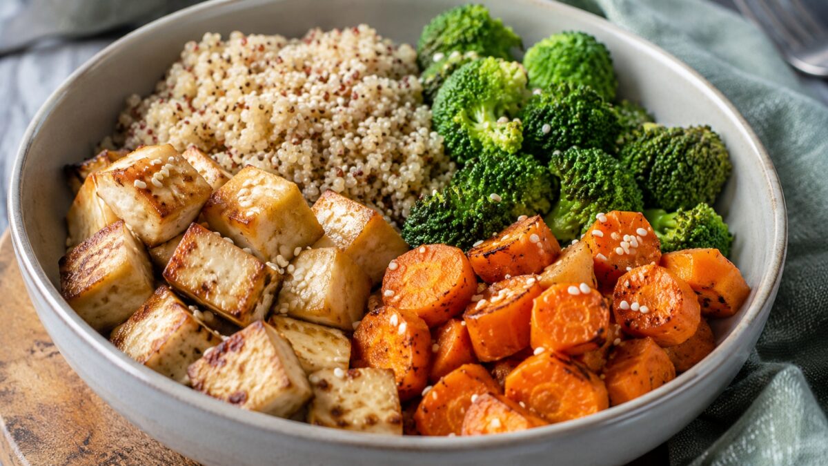 Alternative Perspektive des fertigen Gerichts: Echte Bowl mit klar getrennten Segmenten aus Naturtofu, Quinoa und Brokkoli und Möhren; Zutaten erst beim Essen mischbar und optisch deutlich voneinander abgegrenzt. Etwas näher aufgenommen, natürliche redak…