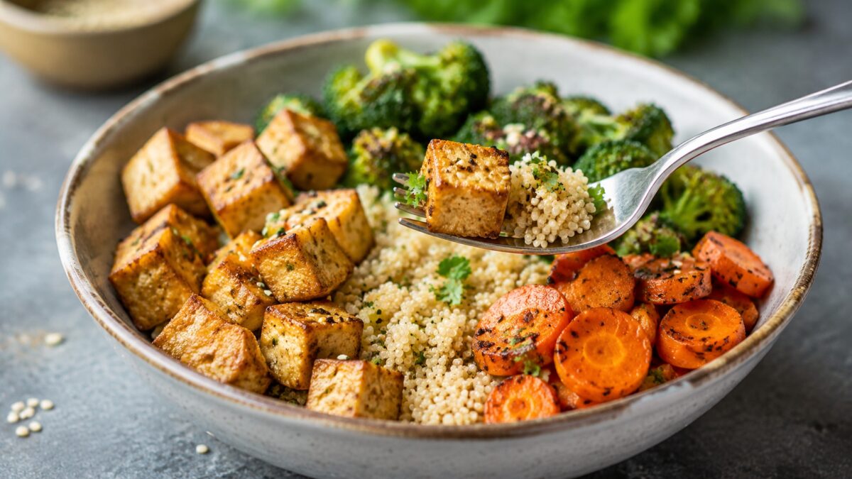 Lebendige Servierszene für „Tofu-Quinoa-Bowl mit Brokkoli und Sesam“: eine Gabel oder ein Besteckteil nimmt gerade eine Portion auf; Naturtofu, Quinoa und Brokkoli und Möhren bleiben trotzdem klar erkennbar.