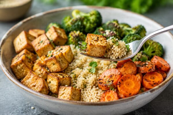 Lebendige Servierszene für „Tofu-Quinoa-Bowl mit Brokkoli und Sesam“: eine Gabel oder ein Besteckteil nimmt gerade eine Portion auf; Naturtofu, Quinoa und Brokkoli und Möhren bleiben trotzdem klar erkennbar.