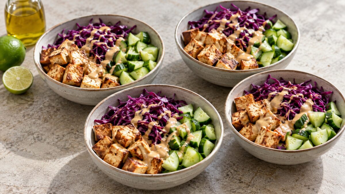 Tofu-Rotkohl-Bowl mit Erdnuss-Limetten-Dressing