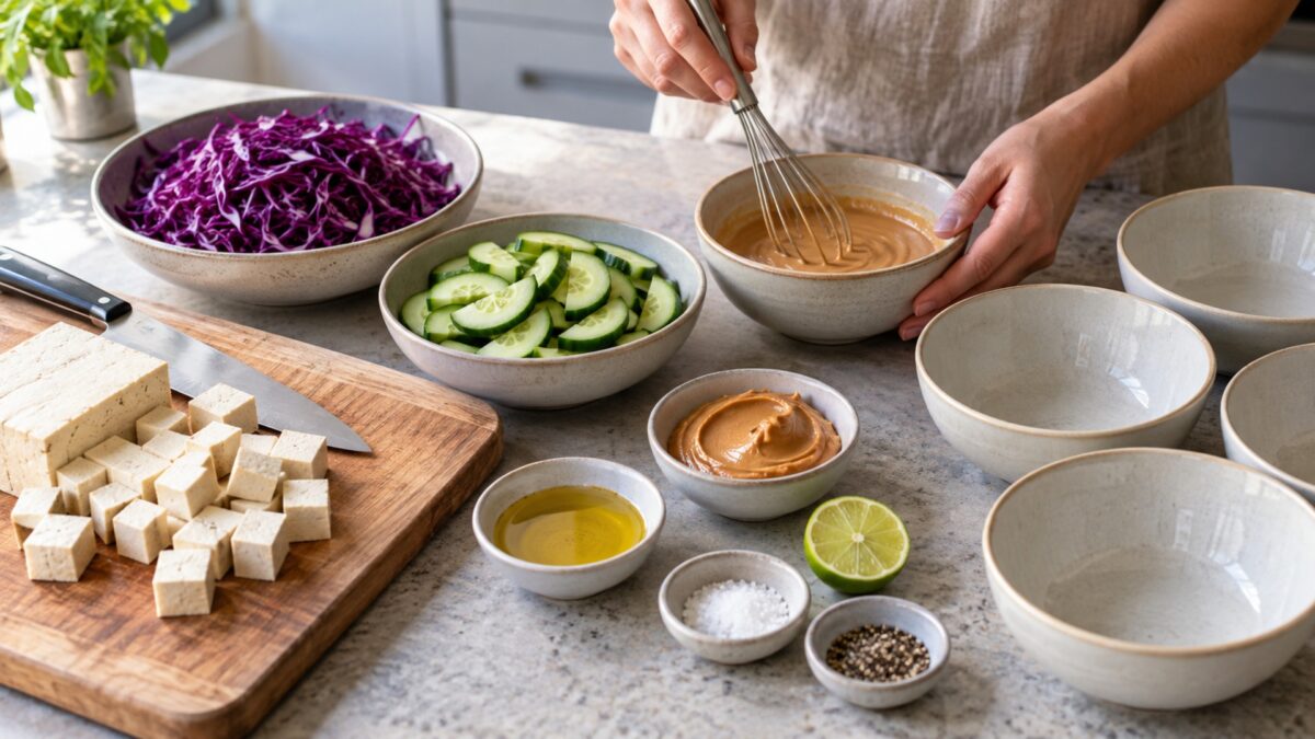 Tofu-Rotkohl-Bowl mit Erdnuss-Limetten-Dressing