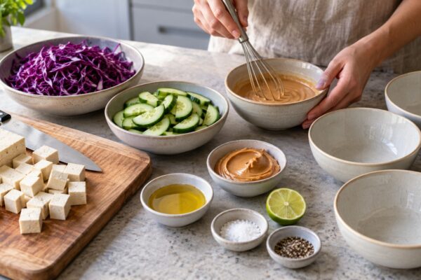 Tofu-Rotkohl-Bowl mit Erdnuss-Limetten-Dressing