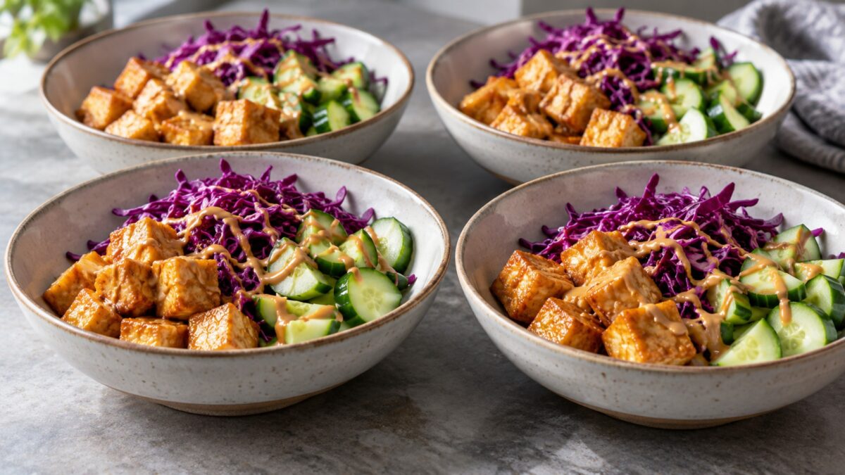 Tofu-Rotkohl-Bowl mit Erdnuss-Limetten-Dressing