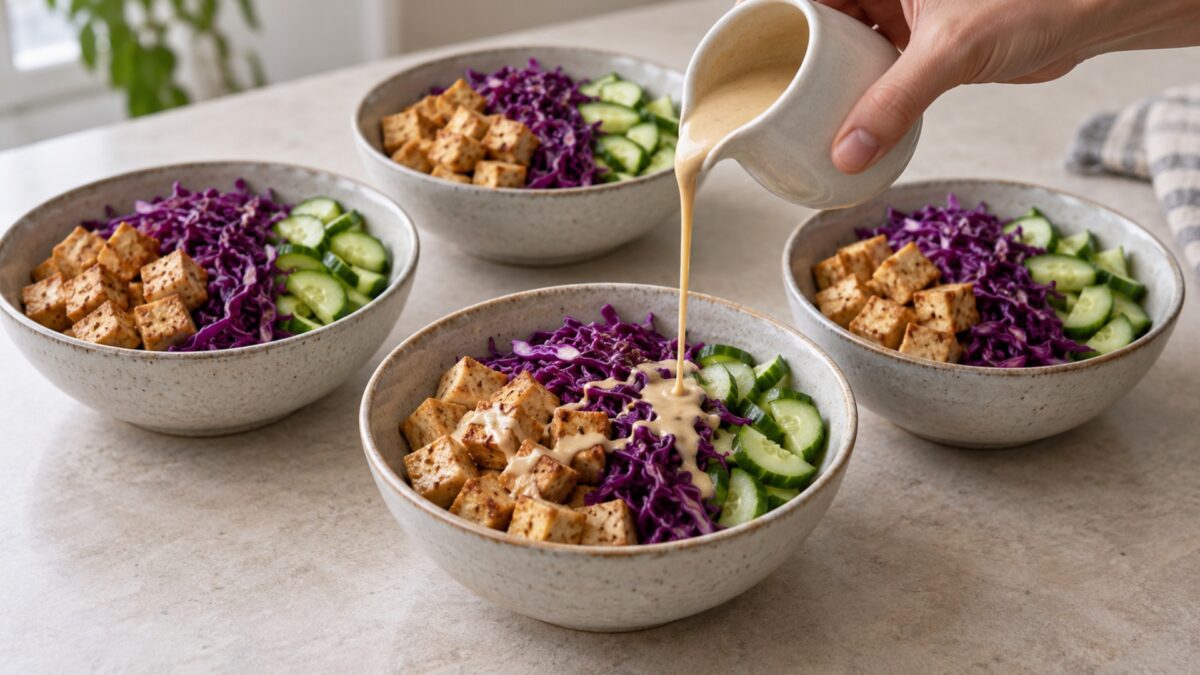 Tofu-Rotkohl-Bowl mit Erdnuss-Limetten-Dressing