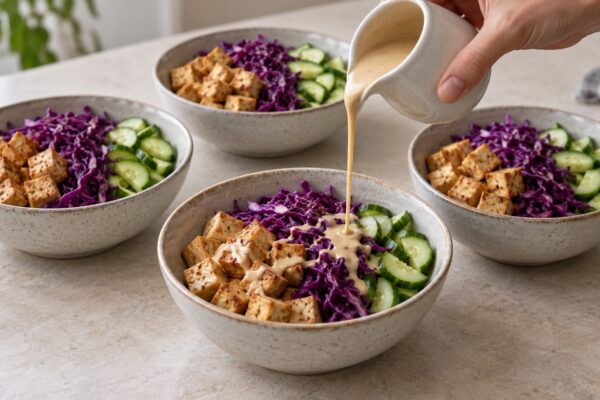 Tofu-Rotkohl-Bowl mit Erdnuss-Limetten-Dressing