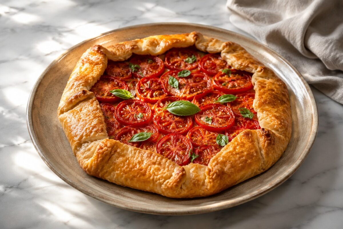 Hauptansicht des fertigen Gerichts. Rezept: Tomaten-Basilikum-Galette