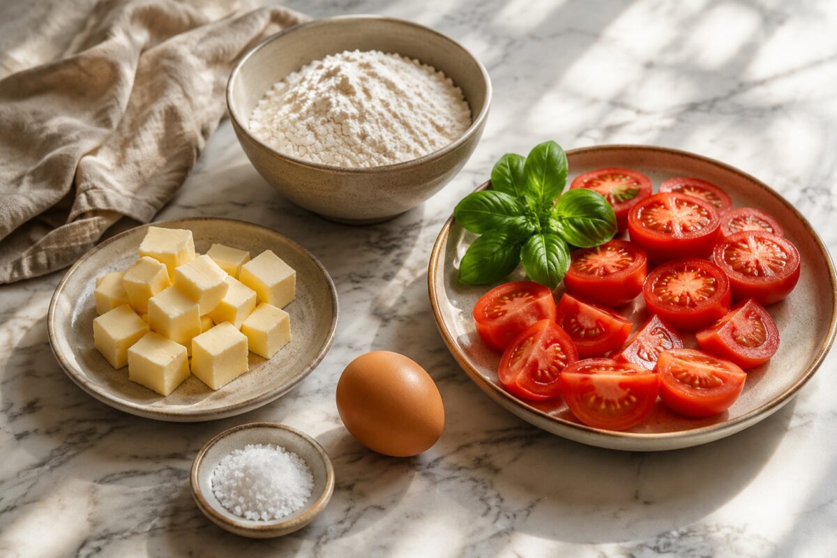 Zutaten- und Vorbereitungsansicht. Rezept: Tomaten-Basilikum-Galette