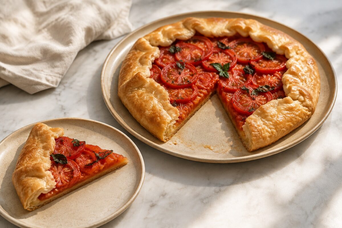 Servierszene mit dem fertigen Gericht. Rezept: Tomaten-Basilikum-Galette