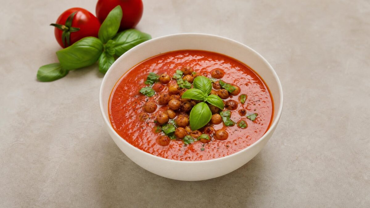Hauptansicht des fertigen Gerichts. Rezept: Tomaten-Basilikum-Suppe mit gerösteten Kichererbsen