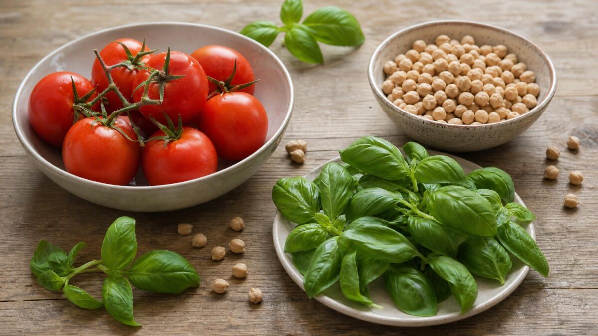 Zutaten- und Vorbereitungsansicht zum Rezept. Rezept: Tomaten-Basilikum-Suppe mit gerösteten Kichererbsen
