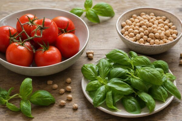 Zutaten- und Vorbereitungsansicht zum Rezept. Rezept: Tomaten-Basilikum-Suppe mit gerösteten Kichererbsen