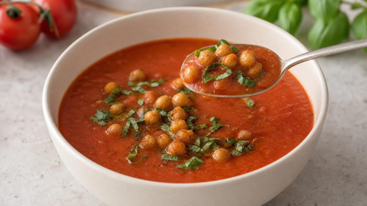 Servierszene mit dem fertigen Gericht. Rezept: Tomaten-Basilikum-Suppe mit gerösteten Kichererbsen