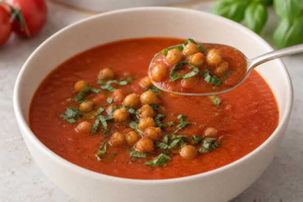 Servierszene mit dem fertigen Gericht. Rezept: Tomaten-Basilikum-Suppe mit gerösteten Kichererbsen