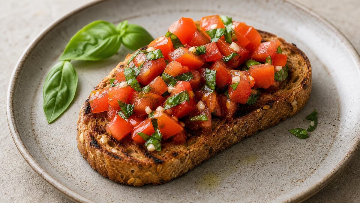 Hauptansicht des fertigen Gerichts. Rezept: Tomaten-Bruschetta mit Basilikum