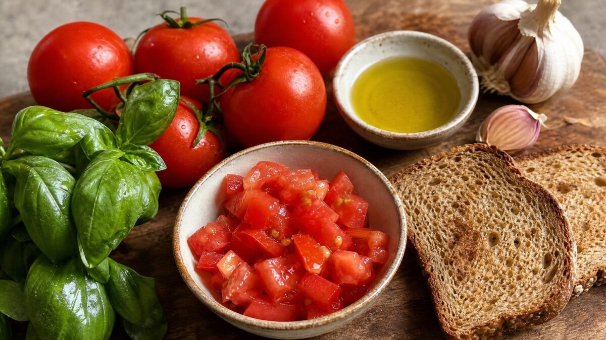 Zutaten- und Vorbereitungsansicht. Rezept: Tomaten-Bruschetta mit Basilikum