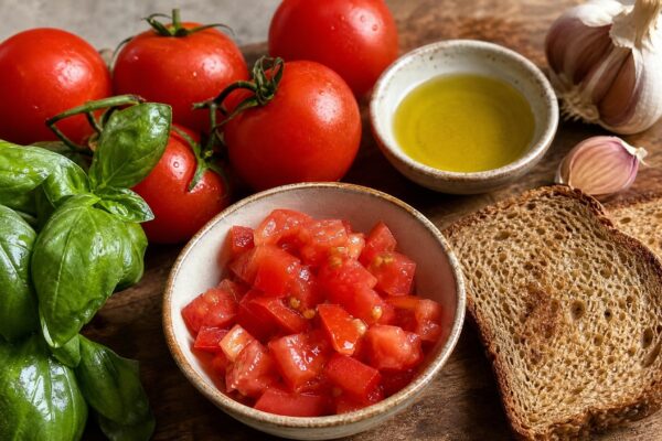 Zutaten- und Vorbereitungsansicht. Rezept: Tomaten-Bruschetta mit Basilikum