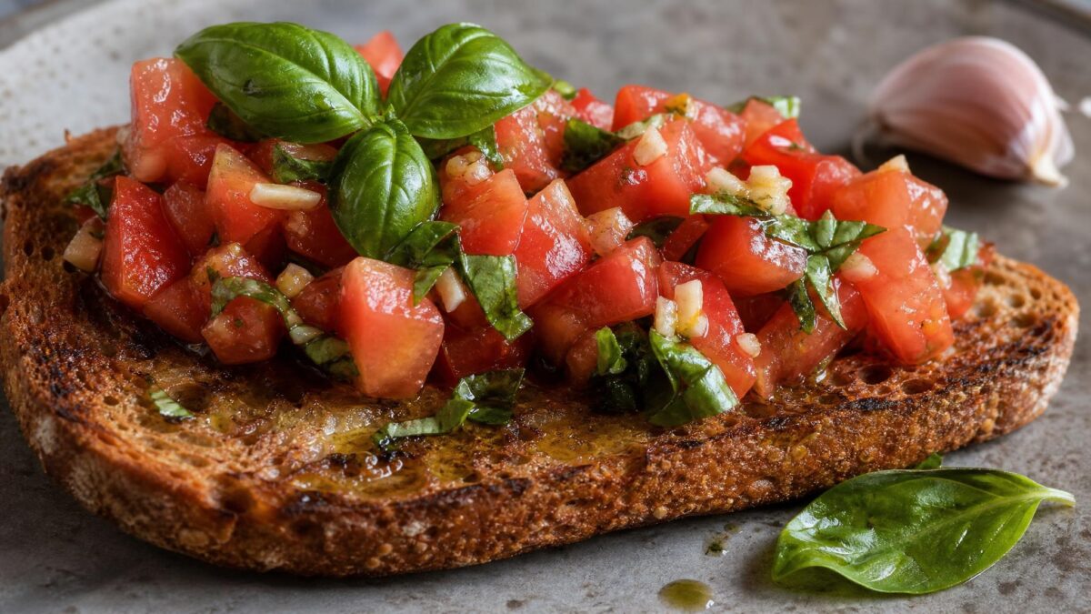 Fertiges Gericht aus einer alternativen Perspektive. Rezept: Tomaten-Bruschetta mit Basilikum